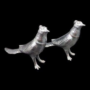 Vtg MCM Pheasants Salt & Pepper Shakers Silver Plated Long Tail Birds Pair Set
